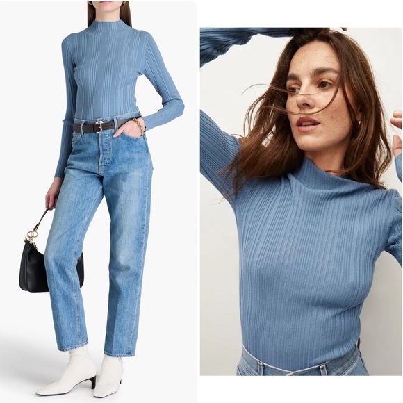 New! Veronica Beard Vinny Ribbed Knit Mock Neck Top Oxford Blue 🩵 X-Large - Picture 1 of 14